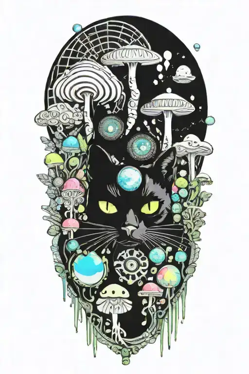 Black Cat With 3 Eye Balls And Trippy Colorful Mushrooms With Moon Melting