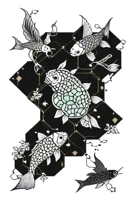 Hexagons With Koi Fish And Japanese Maples Leaves