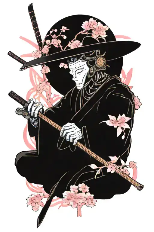 Sleeping Ronin With Katana Under A Large Pink Cherry Blossom Tree