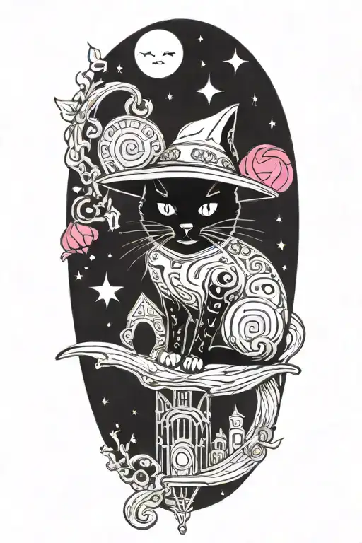 Witch Cat With Moon And Stars And Colorful Mushrooms And Bats