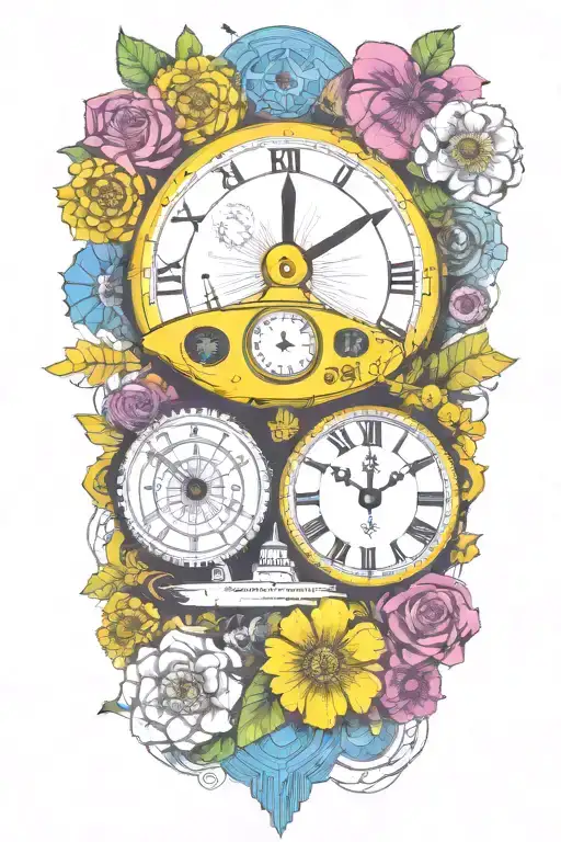 Yellow Submarine With Colorful Flowers And Clock And Rainbow