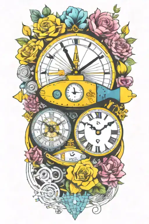 Yellow Submarine With Colorful Flowers And Clock And Rainbow