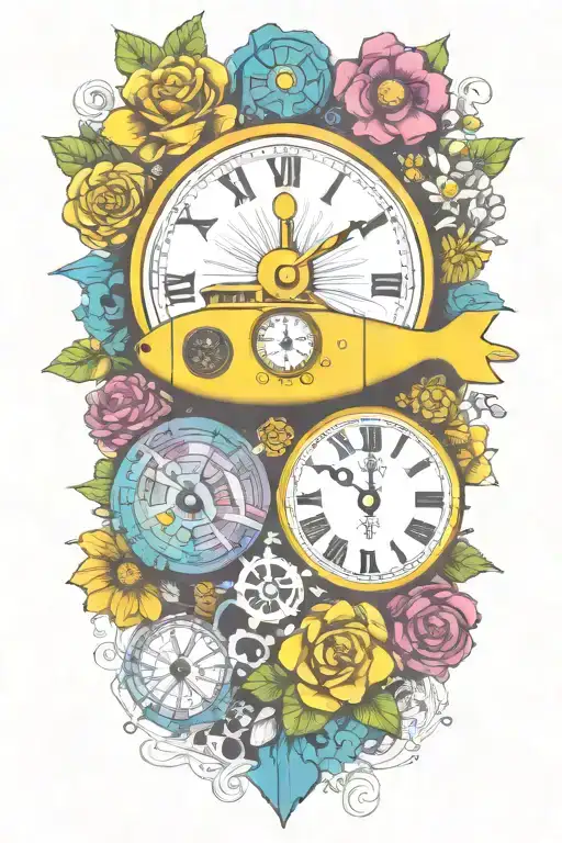 Yellow Submarine With Colorful Flowers And Clock And Rainbow