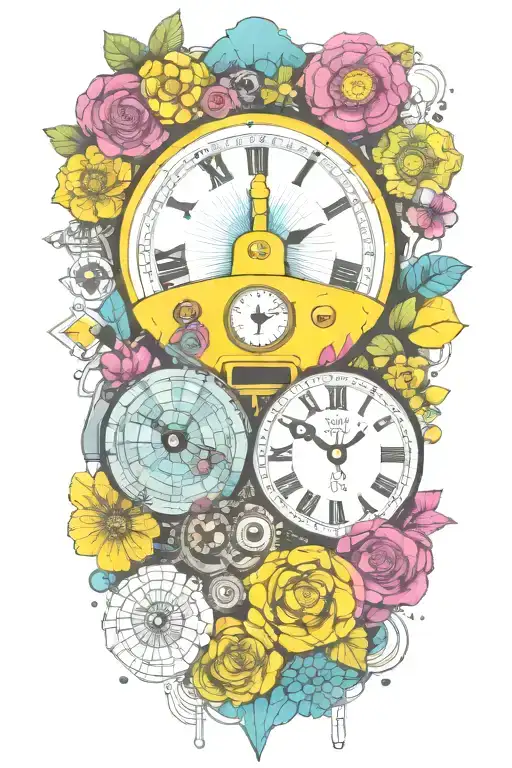 Yellow Submarine With Colorful Flowers And Clock And Rainbow