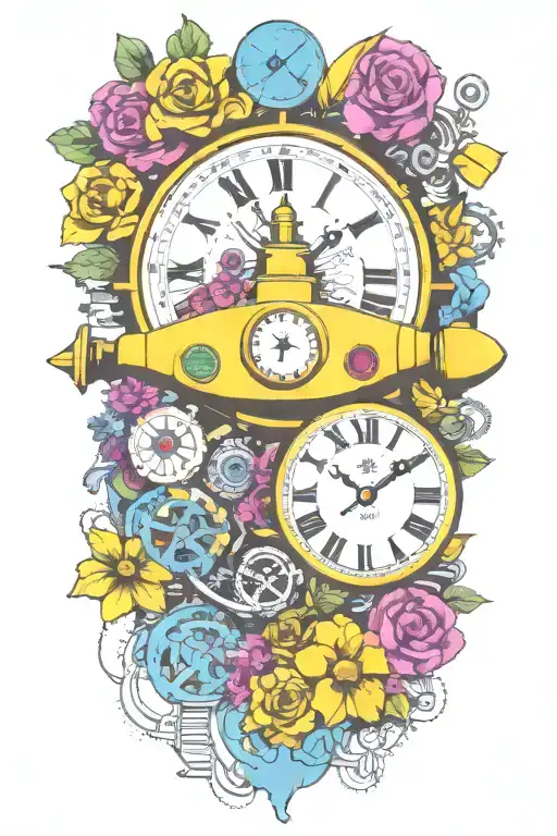 Yellow Submarine With Colorful Flowers And Clock And Rainbow