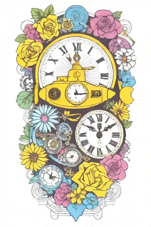 Yellow Submarine With Colorful Flowers And Clock And Rainbow