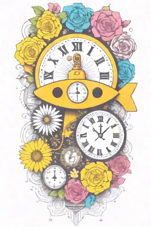 Yellow Submarine With Colorful Flowers And Clock And Rainbow