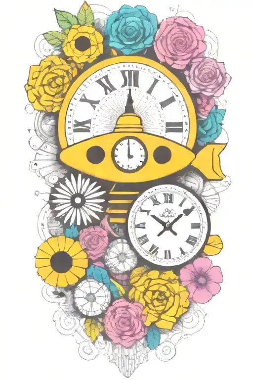 Yellow Submarine With Colorful Flowers And Clock And Rainbow