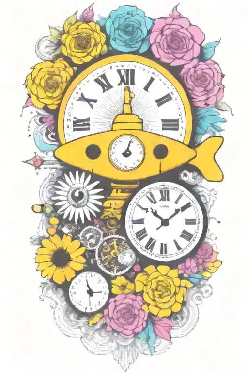 Yellow Submarine With Colorful Flowers And Clock And Rainbow