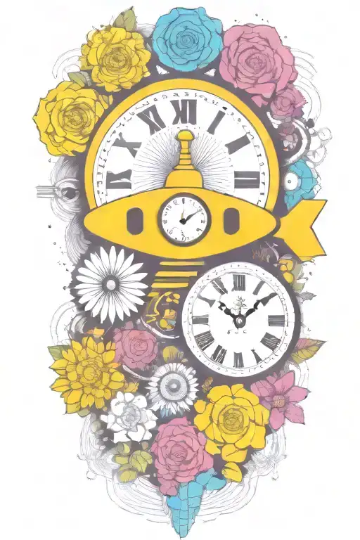 Yellow Submarine With Colorful Flowers And Clock And Rainbow