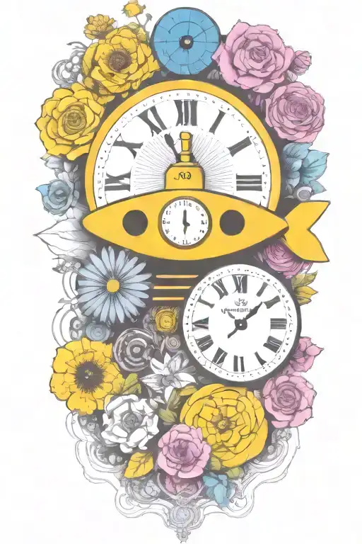 Yellow Submarine With Colorful Flowers And Clock And Rainbow