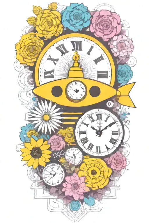 Yellow Submarine With Colorful Flowers And Clock And Rainbow