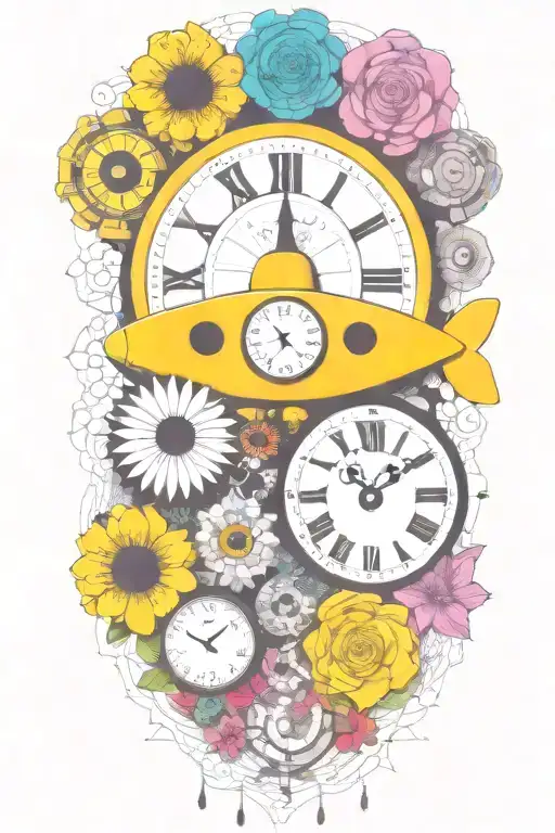 Yellow Submarine With Colorful Flowers And Clock And Rainbow