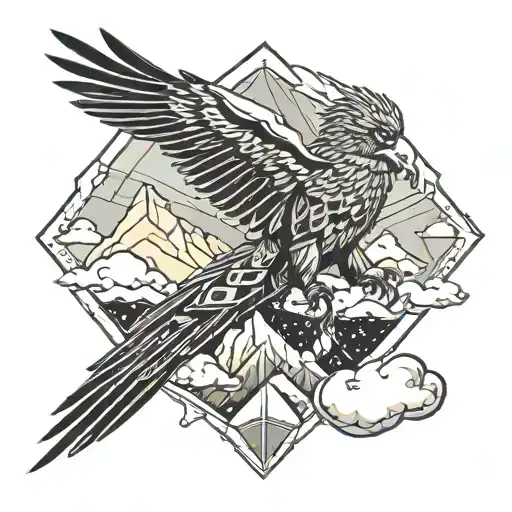 Flying Falcon Against The Background Of Snow-capped Mountains And Clouds