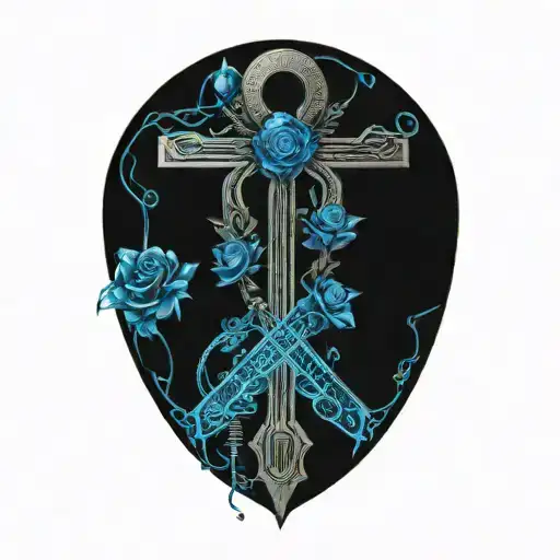 Ankh With Feathers And Blue Highlights And Roses