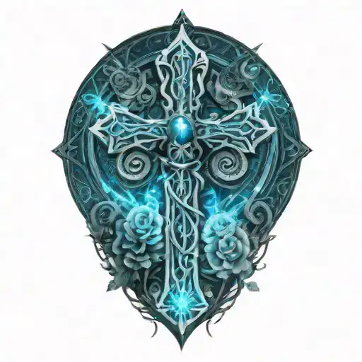 Ankh With Feathers And Blue Highlights And Roses And Vines Spiraling From The Top