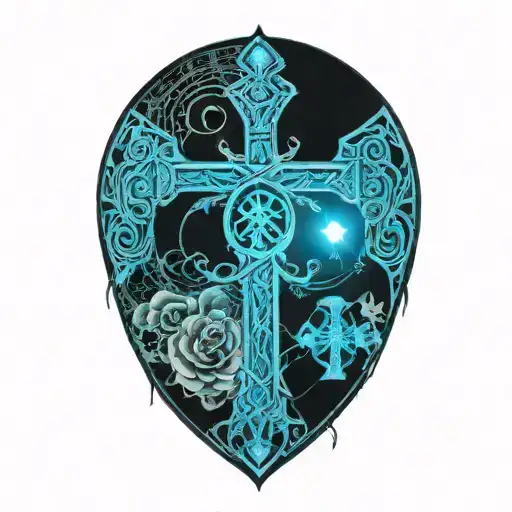 Ankh With Feathers And Blue Highlights And Roses And Vines Spiraling From The Top