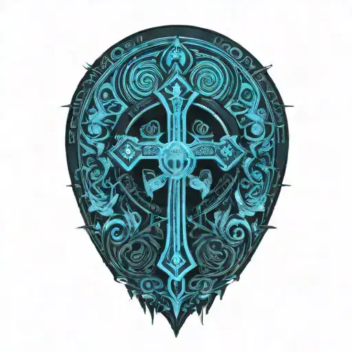 Ankh With Feathers And Blue Highlights And Roses And Vines Spiraling From The Top