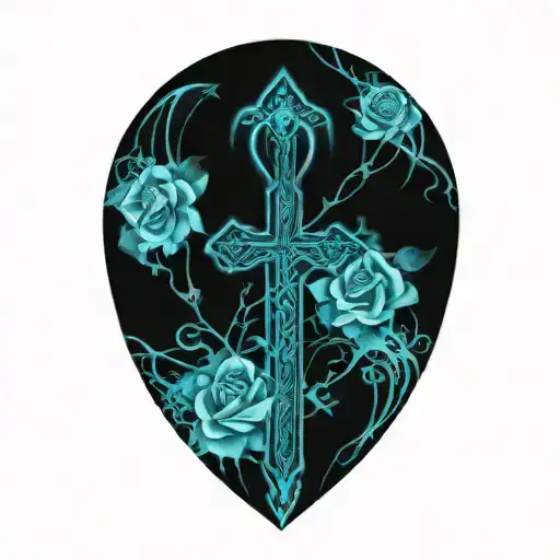 Ankh With Feathers And Blue Highlights And Roses And Vines Spiraling From The Top