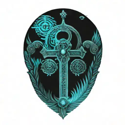 Ankh With Feathers And Blue Highlights And Black Roses