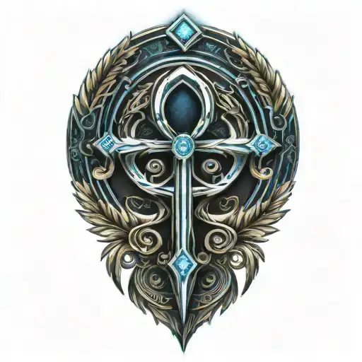 Ankh With Feathers And Blue Highlights And Black Roses