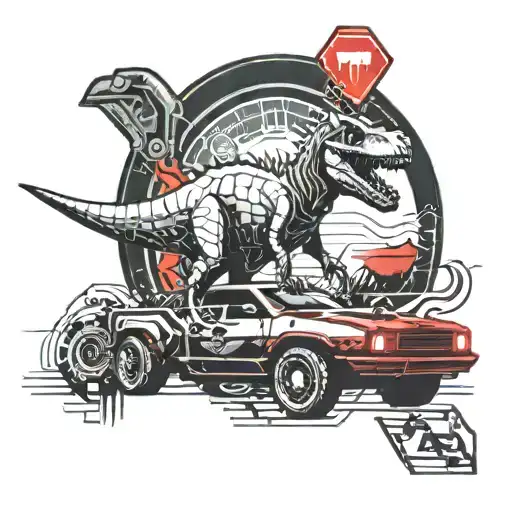 Dinosaur Besides A Red Car Driving