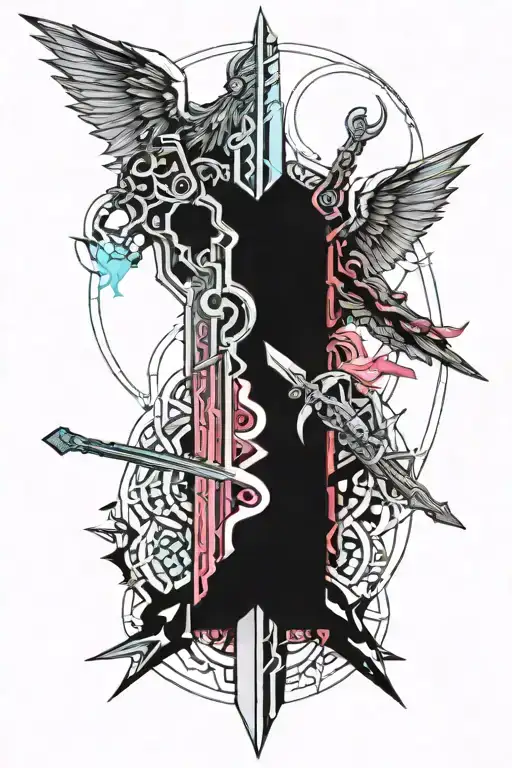 A Sword Splitting A Devil And Angel In Half Sleeve