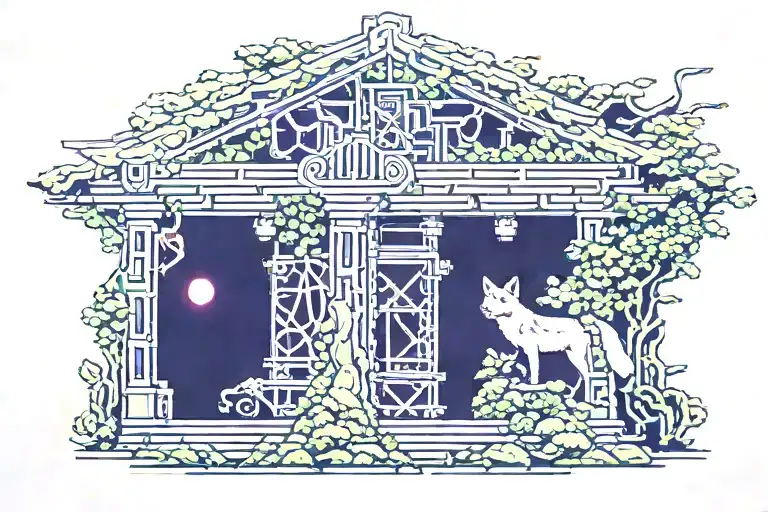 Moss Covered Torii Gate With Fox