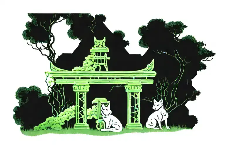 Moss Covered Torii Gate With Fox Reading A Book
