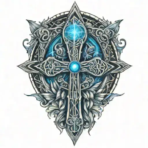 Ankh On A Bed Of Roses With Blue Accent And Feathers