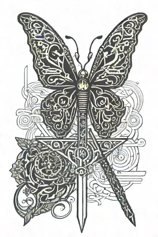 Butterfly And Sword Intertwined Representing Hope And Strength With The Words Cynity On It