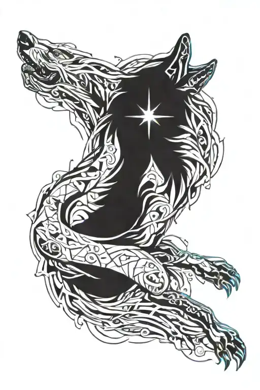 A Great Wolf Laying Down Whos Tail Is Raised In The Air Morphing Into Celestial Fauna