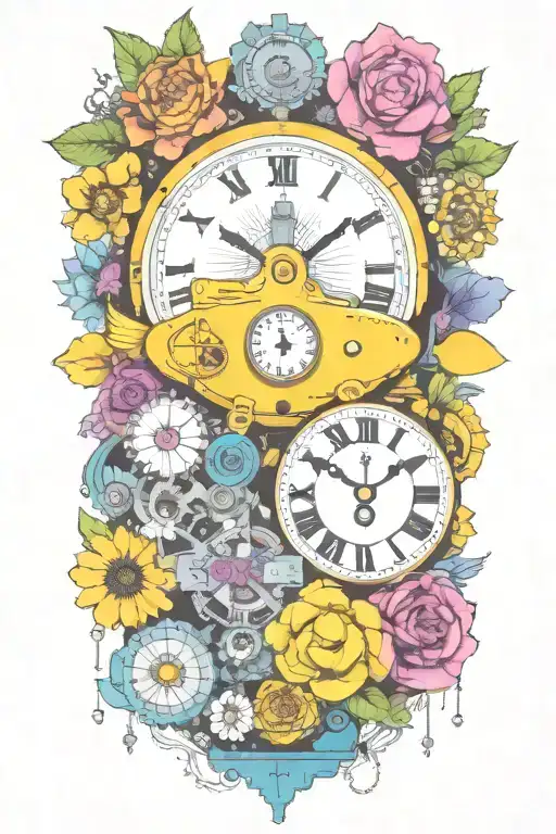 Yellow Submarine With Colorful Flowers And Clock And Rainbow