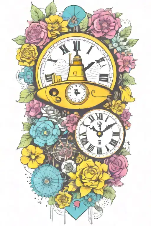 Yellow Submarine With Colorful Flowers And Clock And Rainbow