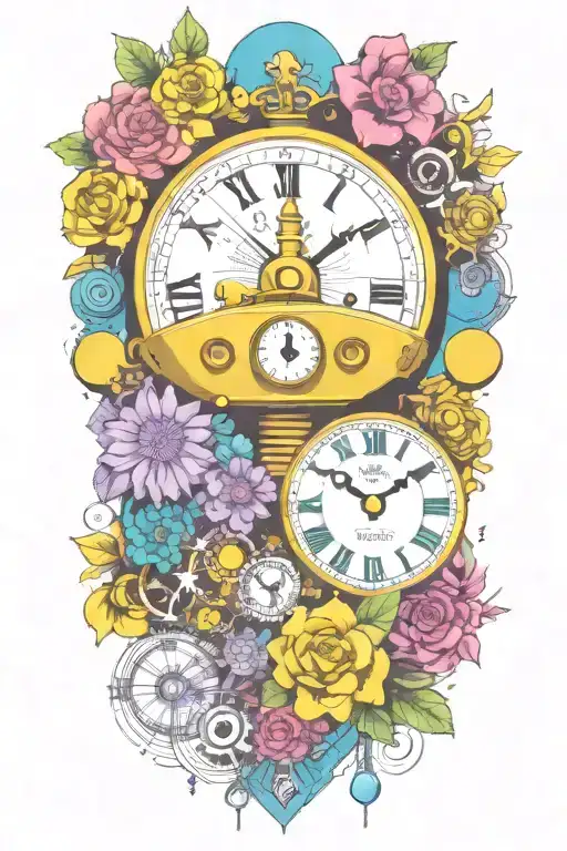 Yellow Submarine With Colorful Flowers And Clock And Rainbow