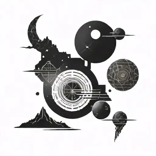 Black And White Minimalist Space Landscape Tattoo Featuring Deserted Hills