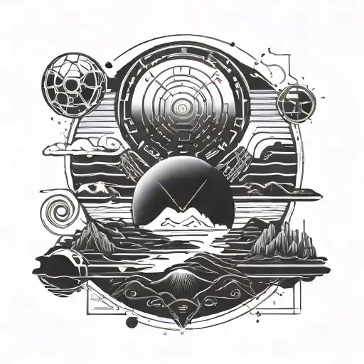 Black And White Minimalist Tatoo Featuring An Alien Planet With Deserted Landscape