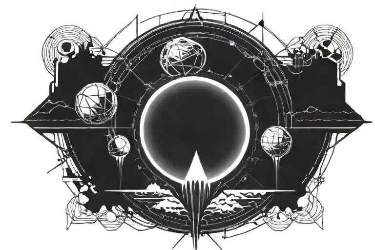 Black And White Minimalist Tatoo Featuring An Alien Planet With Deserted Landscape