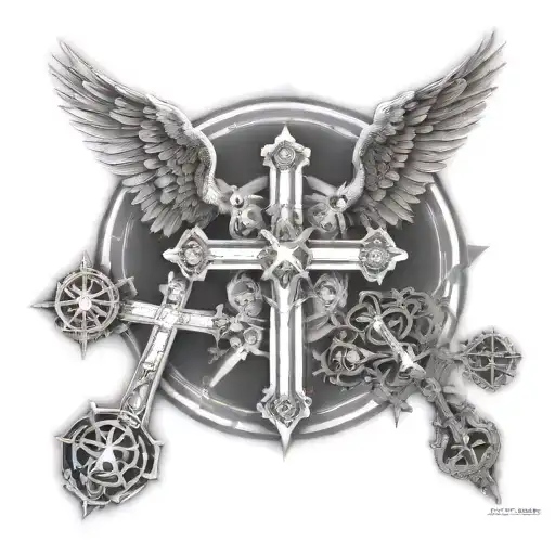 Four Crosses Names Of Family Born And Death Year Black And White With Angel Protecting Them