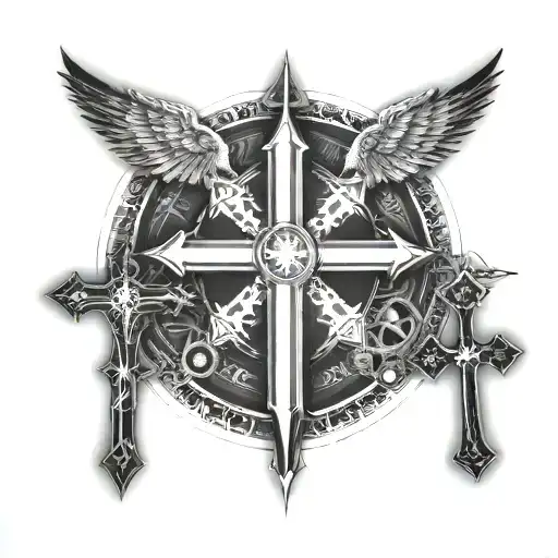 Four Crosses Names Of Family Born And Death Year Black And White With Angel Protecting Them