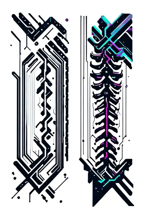Narrow Vertical Spine Tattoo Of Simplistic Circuit Lines No Background