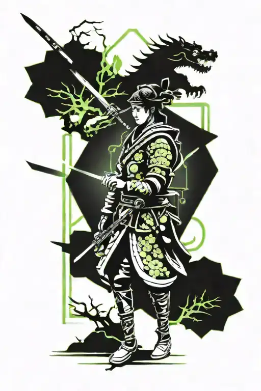 Samurai With Katana Between Sakura Trees And Japanese Girl Around Dragon With Fire