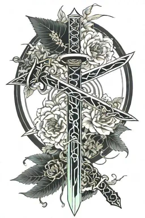 Japanese Sword And Flowers