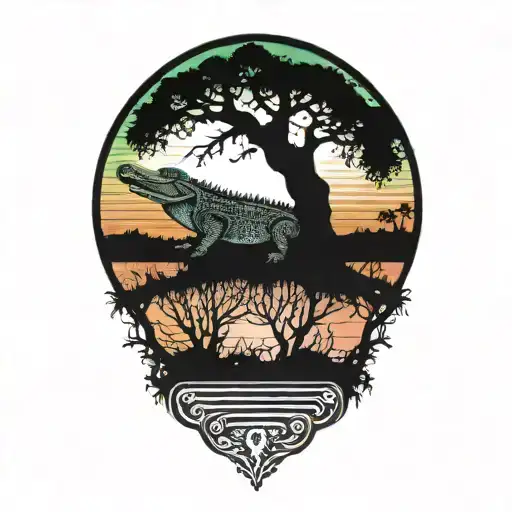 Alligator Under Live Oak Tree With Spanish Moss At Sunset