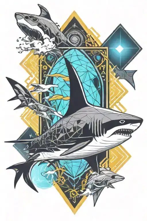 Diamond With Shark Coming Out Of It On Top And Ocean Below