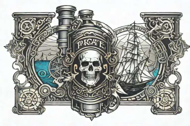 Rum Bottle With Pirate Galleon In The Background