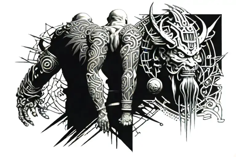 Full Arm Tattoo With Samurai And Oni Motives God Bible Gravure