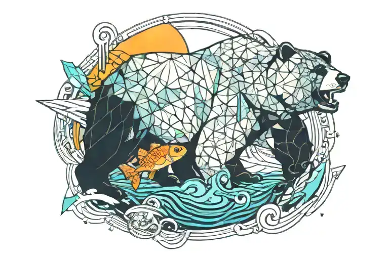 Bear With Fish In Mouth By River With Volcano In Background