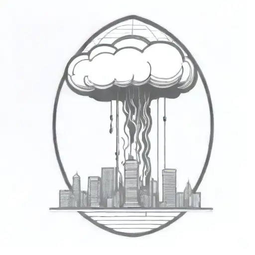 An Abstract Nuclear Explosion Mushroom Cloud Destroying A City In An Abstract Black Line Frame