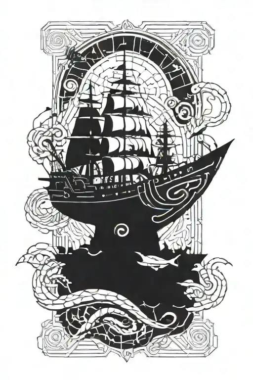 Broken Ship Surrounded By Giant Sea Snake In The Middle Of The Sea